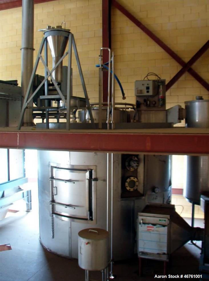 Used APV Anhydro Conical Spray Dryer. Type CSD No 65, stainless steel. Dryer body is approximately 90" diameter x 20 high including cone.  Rated 100 Kg/hour. 12% Solids, water evaporation: 87 Kg/hour...