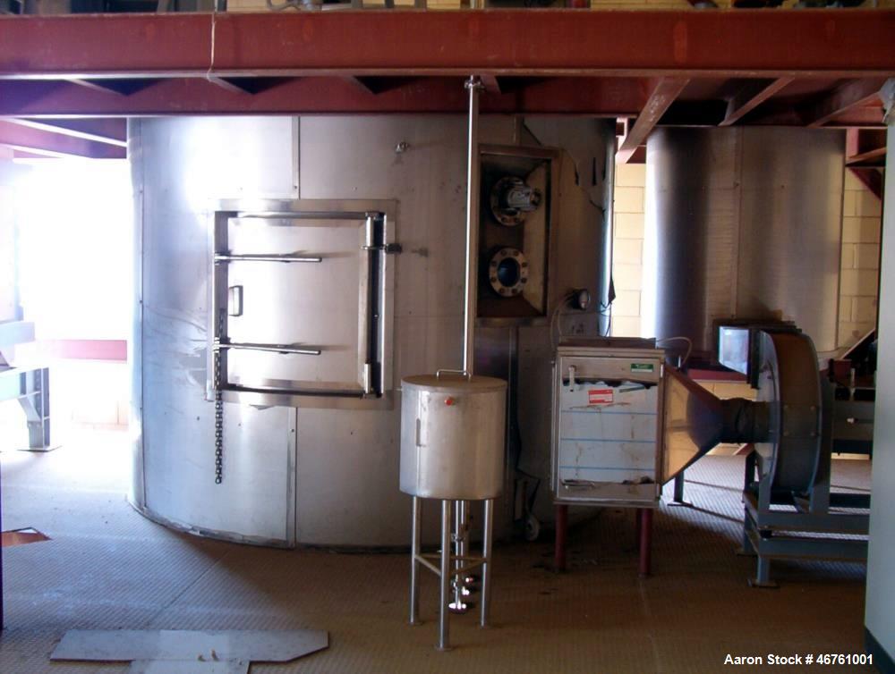 Used APV Anhydro Conical Spray Dryer. Type CSD No 65, stainless steel. Dryer body is approximately 90" diameter x 20 high including cone.  Rated 100 Kg/hour. 12% Solids, water evaporation: 87 Kg/hour...