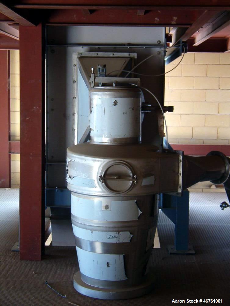 Used APV Anhydro Conical Spray Dryer. Type CSD No 65, stainless steel. Dryer body is approximately 90" diameter x 20 high including cone.  Rated 100 Kg/hour. 12% Solids, water evaporation: 87 Kg/hour...