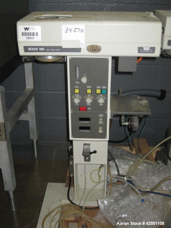 Used Buchi Glass lab spray dryer, model B-190, glass chamber, with regulator and filter system, 220 volt, 60 Hz, 2600 W, blower and controls, serial no. 770360.
