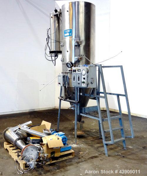 Used Bowen Engineering #1 Tower Spray Dryer, 304 Stainless Steel.  30” Diameter x 72" straight side x 37" coned bottom.  Approximate evaporation rate from 15 to 80 pounds an hour (7 to 36 kg/hr) of w...
