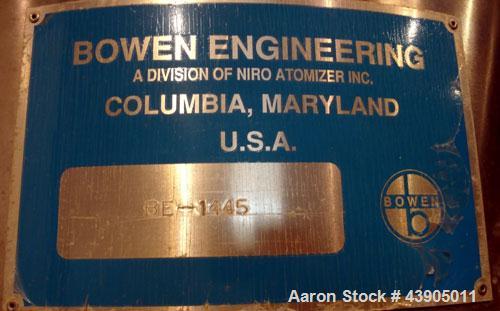 Used Bowen Engineering #1 Tower Spray Dryer, 304 Stainless Steel.  30” Diameter x 72" straight side x 37" coned bottom.  Approximate evaporation rate from 15 to 80 pounds an hour (7 to 36 kg/hr) of w...