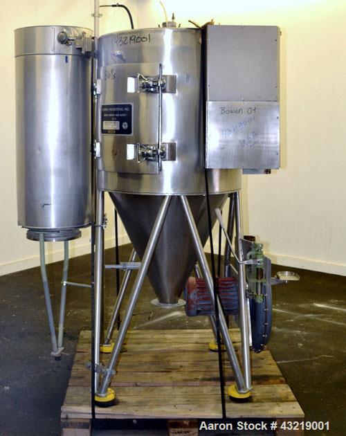 Used Bowen Engineering Electrically Heated Laboratory Spray Dryer, Model BLSA, 316 Stainless Steel. 30” Diameter x 28-1/2" straight side x 31" coned bottom. Type AT-4 atomizer, approximate evaporatio...