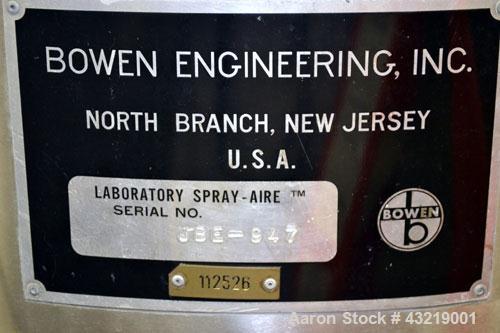 Used Bowen Engineering Electrically Heated Laboratory Spray Dryer, Model BLSA, 316 Stainless Steel. 30” Diameter x 28-1/2" straight side x 31" coned bottom. Type AT-4 atomizer, approximate evaporatio...