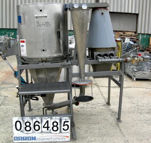 USED: Bowen Engineering conical type laboratory spray dryer, 316 stainless steel. 30" diameter x 30" straight side x 36" coned bottom. Top entering model NS3 spray nozzle atomizer. Approximate evapor...