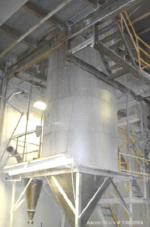 Used Bowen Spray Dryer, Model #3, 6' diameter, 15' straight wall, 64" long cone, stainless steel chamber, insulated straight side. Gas fired burner, 2/ 7.5 hp blower, HEPA filter unit. Stainless stee...