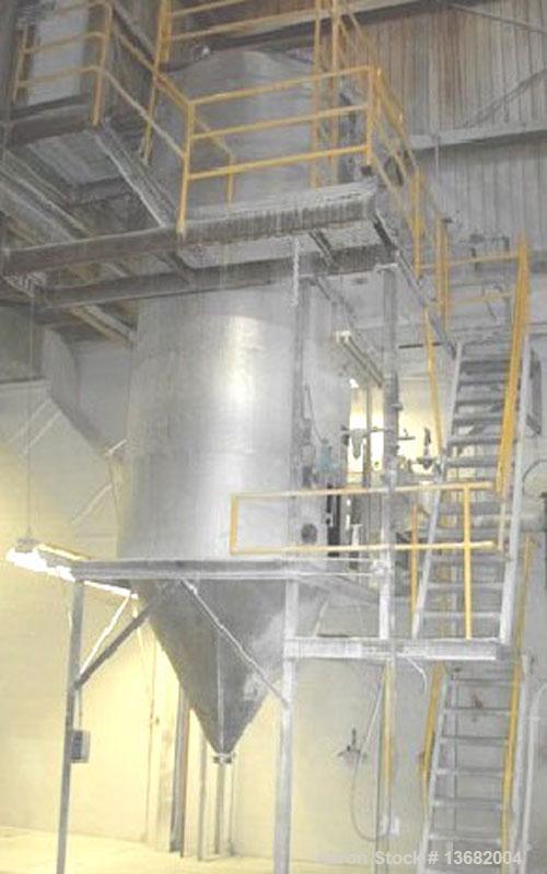 Used Bowen Spray Dryer, Model #3, 6' diameter, 15' straight wall, 64" long cone, stainless steel chamber, insulated straight side. Gas fired burner, 2/ 7.5 hp blower, HEPA filter unit. Stainless stee...