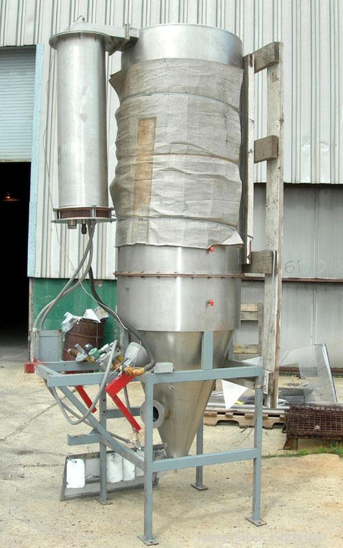 Used Bowen Engineering #1 Tower Spray Dryer, 316 stainless steel. 30" diameter x 72" straight side x 38" coned bottom. Requires an atomizer. Approximate evaporation rate 15/80 pounds an hour. Air req...