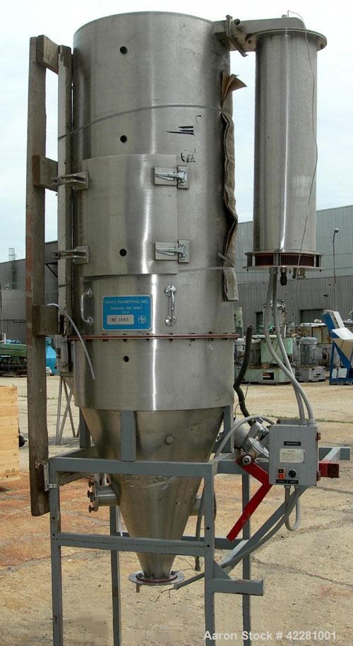 Used Bowen Engineering #1 Tower Spray Dryer, 316 stainless steel. 30" diameter x 72" straight side x 38" coned bottom. Requires an atomizer. Approximate evaporation rate 15/80 pounds an hour. Air req...