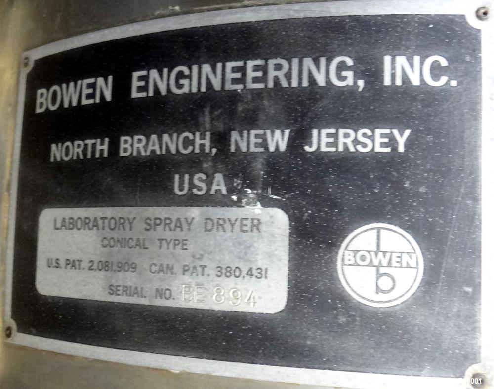 Used Bowen Engineering Gas Heated Conical Type Laboratory Spray Dryer, 304 Stainless Steel. 30" diameter x 72" straight side x 37" coned bottom. Approximate evaporation rate from 15 to 80 pounds an h...