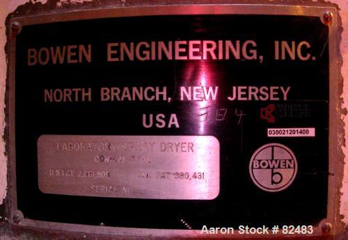 Used Bowen Engineering Gas Heated Ceramic Type Lower Laboratory Spray Dryer, 316 Stainless Steel. 30" diameter x 72" straight side x 38" coned bottom. Type 59 (2) fluid bottom up nozzle assembly, app...