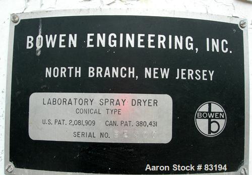USED: Bowen Engineering conical type laboratory spray dryer, 316 stainless steel. 30" diameter x 28" straight side x 38" coned bottom. Requires an atomizer. Approx evaporation rate up to 15/80 pounds...