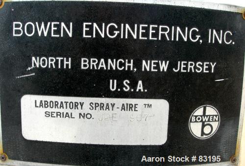 USED: Bowen Engineering BLSA laboratory spray dryer, 316 stainless steel. 30" diameter x 28" straight side x 30" coned bottom. Approximate evaporation rate 15-80 pounds an hour, air requirements 100 ...