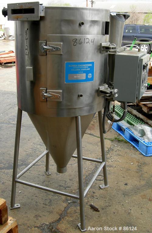 USED: Bowen Engineering laboratory spray dryer, 316 stainless steel. 30" diameter x 28" straight side x 30" coned bottom. Approx imate evaporation rate 15-80 pounds an hour, air requirements 100 psi....