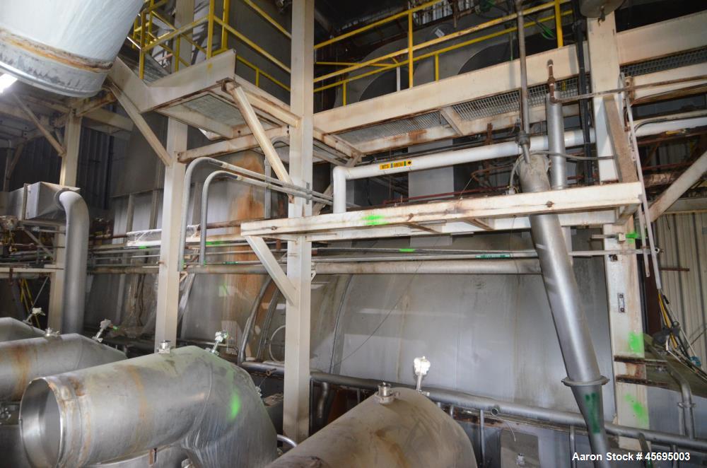 Used Damrow Drying System Stainless Steel. Approximate capacity 4,000 pounds per hour of powder with 5% moisture Whey capacity out. Consists of: (1) Spray Dryer, Stainless Steel. (7) Top entering noz...