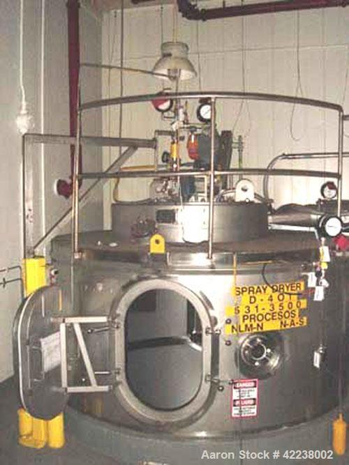 Used Niro Spray Dryer, Stainless Steel. 90" diameter x 42" straight side, 60 degree cone bottom. Niro model F10 1 DP.S.N centrifugal atomizing spray machine with an approximate 5 hp motor, atomizer s...