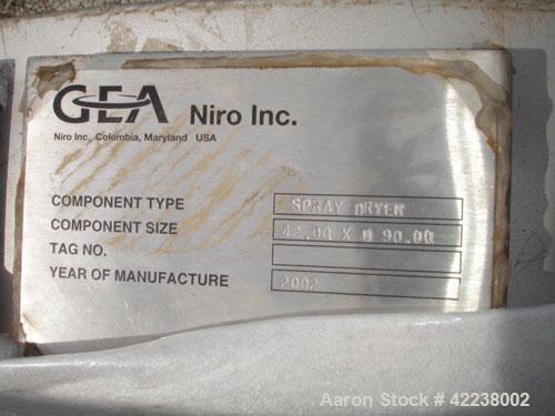 Used Niro Spray Dryer, Stainless Steel. 90" diameter x 42" straight side, 60 degree cone bottom. Niro model F10 1 DP.S.N centrifugal atomizing spray machine with an approximate 5 hp motor, atomizer s...