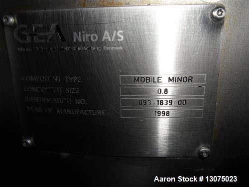 Used Niro Minor 2000 Mobile Spray Dryer. Stainless steel construction. Electrically heated. .8 component size. Centrifugal atomizer, dust collector, cyclone fines collector, expansion chamber, contro...