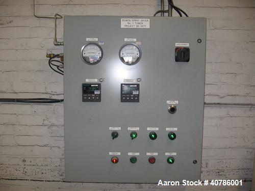 Used Niro/Bowen #1 Tower Gas Heated Spray Dryer, 316 stainless steel. Approximately 30'' diameter x 74' straight side x 36'' coned bottom chamber. Inlet air temp 500 deg C maximum. Airflow 250 cfm at...