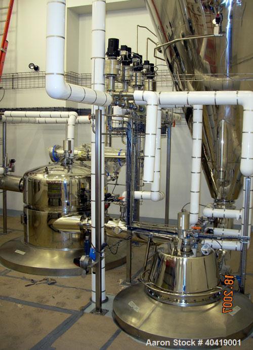 Used Niro Pharma spray dryer, model PSD-4, all stainless steel construction. The dryer is rated for 62 Kilos/ hour - 30% Solids.  Includes supply fan, process heater, receiver, condenser, primary cyc...