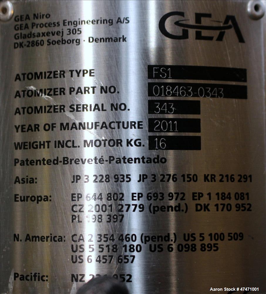 Used GEA Niro Spray Dryer, Model SD6.3R, 316 Stainless steel interior, 304 stai