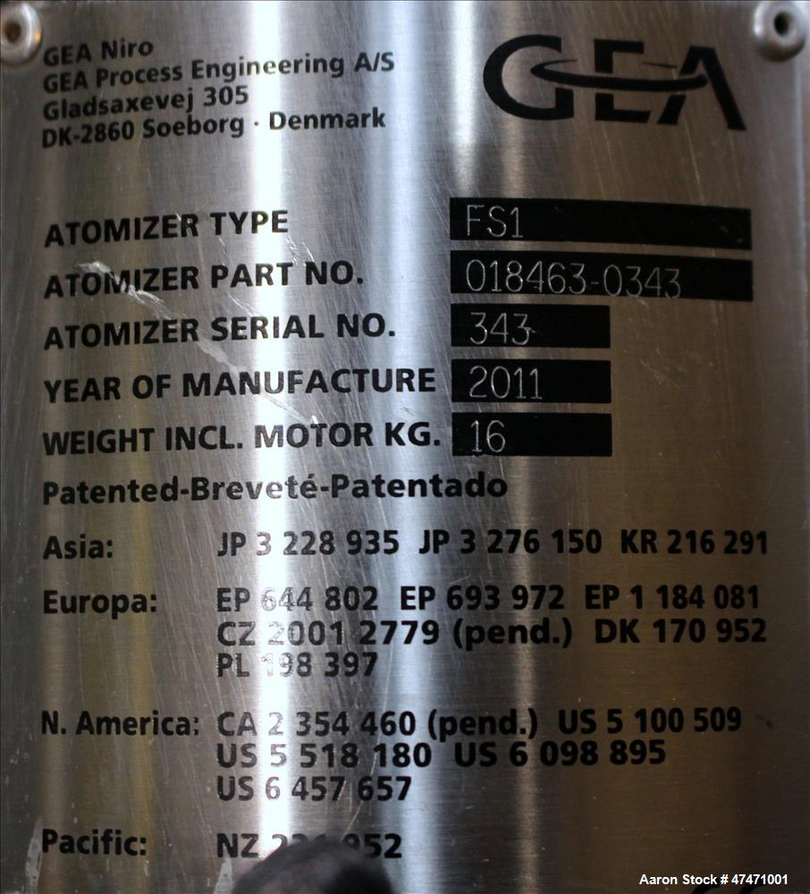 Used- GEA Niro Spray Dryer, Model SD6.3R, 316 Stainless steel interior, 304 stai