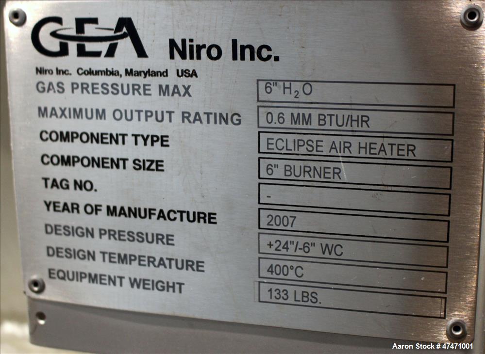 Used GEA Niro Spray Dryer, Model SD6.3R, 316 Stainless steel interior, 304 stai
