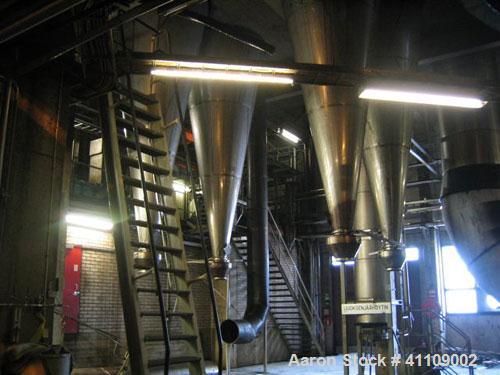 Used Niro Spray Dryer. Material of construction is stainless steel. Capacity 5 tons per hour. 34.13' diameter x 42.25' high (10500 mm x 13000 mm high). Atomizer head. Power supply is 500 volt/50 cycl...