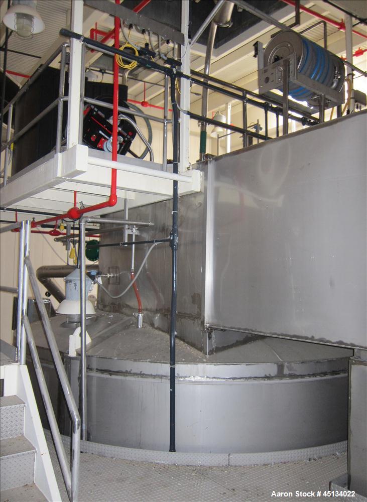 Used Niro Spray Tower Dryer. Originally designed for 12,500 pounds / hour of water evaporation. The dryer capacity was increased to 15,000 pounds / hour at 65,000 SCFM of air flow.  The Dryer is constructed of 316 L Stainless Steel. The dryer is a Standard Tall Form Dryer equipped with an integral static Fluid Bed Dryer and external Vibratory Fluid Bed Cooler. Both beds have heaters and the VFB also had a Cooler. The Dryer was equipped with fines return and agglomeration capabilities as an opti