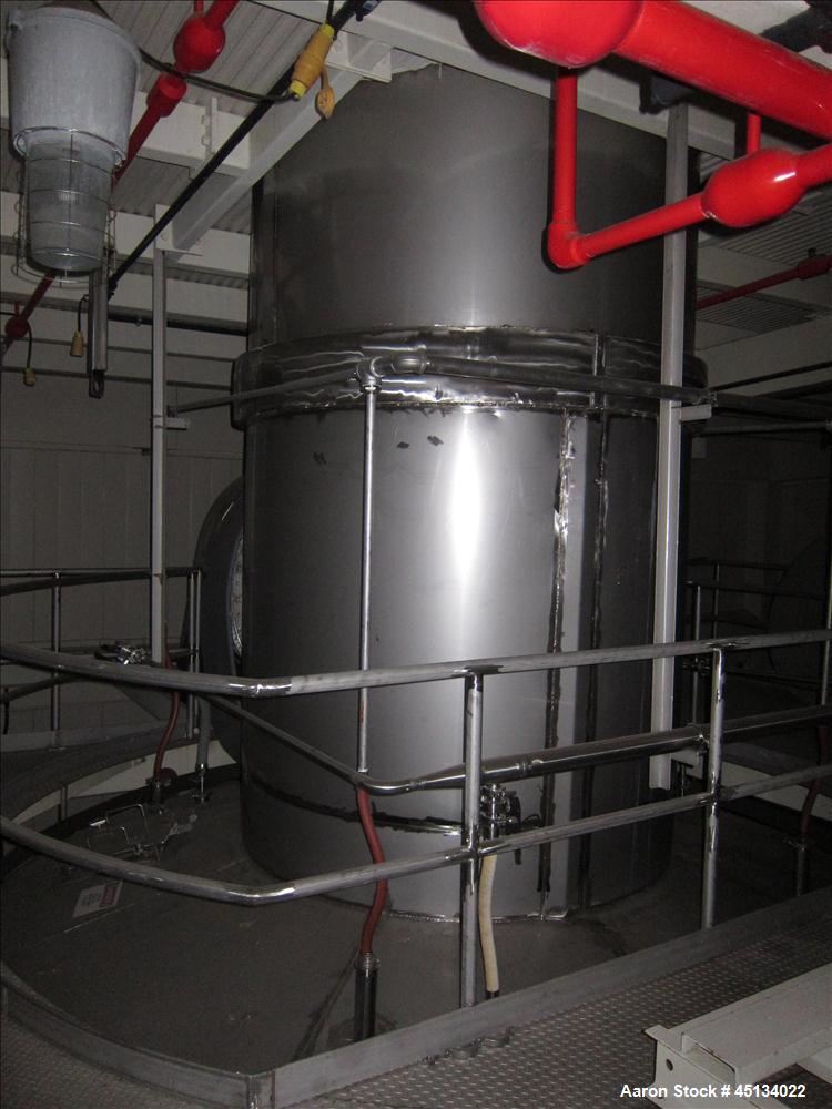 Used Niro Spray Tower Dryer. Originally designed for 12,500 pounds / hour of water evaporation. The dryer capacity was increased to 15,000 pounds / hour at 65,000 SCFM of air flow.  The Dryer is constructed of 316 L Stainless Steel. The dryer is a Standard Tall Form Dryer equipped with an integral static Fluid Bed Dryer and external Vibratory Fluid Bed Cooler. Both beds have heaters and the VFB also had a Cooler. The Dryer was equipped with fines return and agglomeration capabilities as an opti