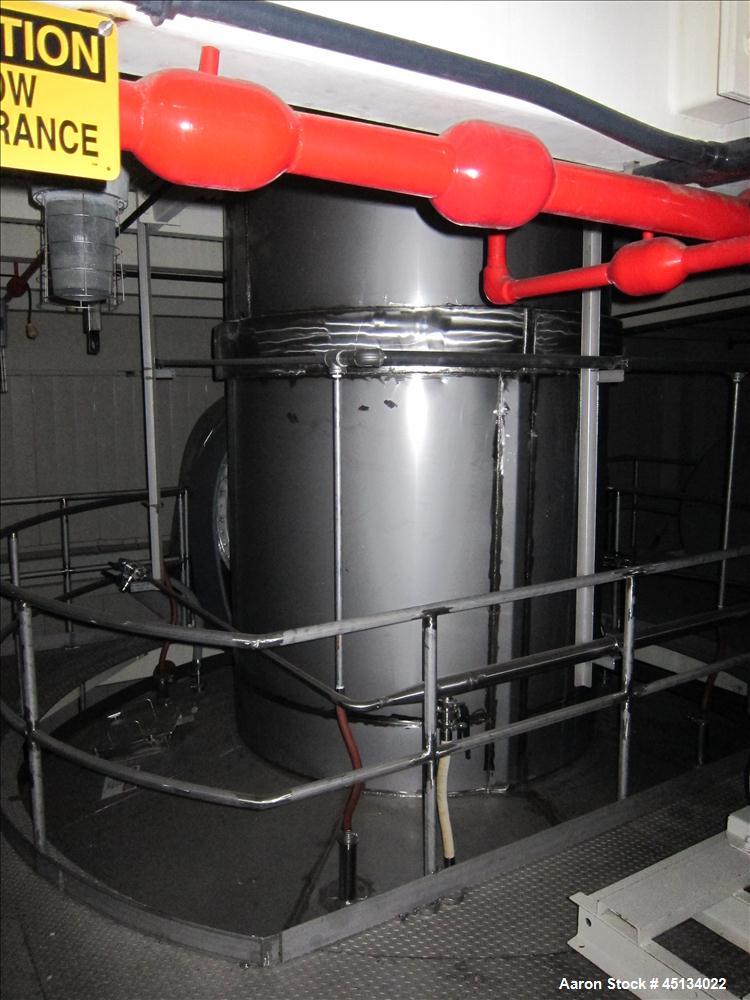 Used Niro Spray Tower Dryer. Originally designed for 12,500 pounds / hour of water evaporation. The dryer capacity was increased to 15,000 pounds / hour at 65,000 SCFM of air flow.  The Dryer is constructed of 316 L Stainless Steel. The dryer is a Standard Tall Form Dryer equipped with an integral static Fluid Bed Dryer and external Vibratory Fluid Bed Cooler. Both beds have heaters and the VFB also had a Cooler. The Dryer was equipped with fines return and agglomeration capabilities as an opti