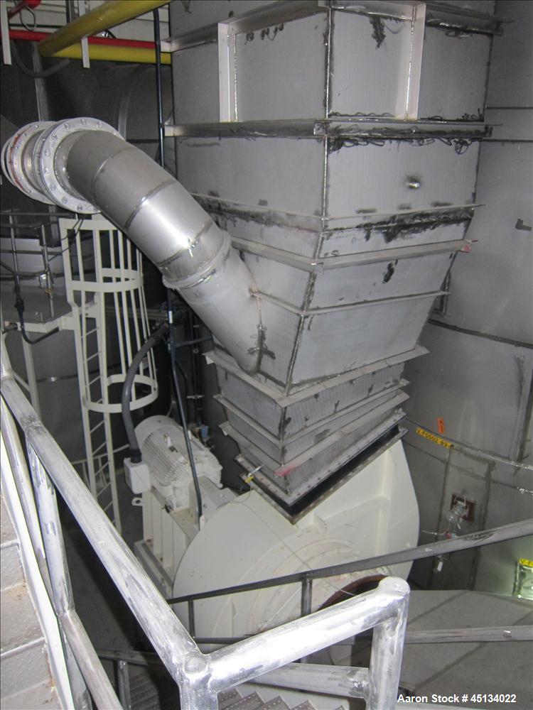Used Niro Spray Tower Dryer. Originally designed for 12,500 pounds / hour of water evaporation. The dryer capacity was increased to 15,000 pounds / hour at 65,000 SCFM of air flow.  The Dryer is constructed of 316 L Stainless Steel. The dryer is a Standard Tall Form Dryer equipped with an integral static Fluid Bed Dryer and external Vibratory Fluid Bed Cooler. Both beds have heaters and the VFB also had a Cooler. The Dryer was equipped with fines return and agglomeration capabilities as an opti