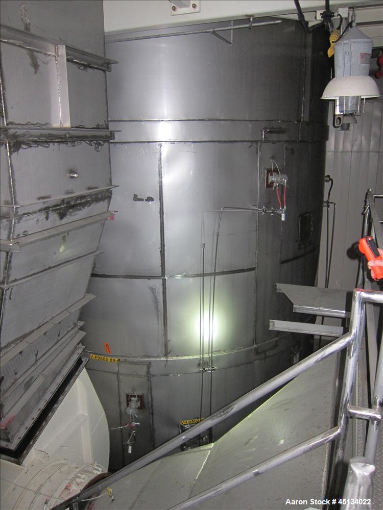 Used Niro Spray Tower Dryer. Originally designed for 12,500 pounds / hour of water evaporation. The dryer capacity was increased to 15,000 pounds / hour at 65,000 SCFM of air flow.  The Dryer is constructed of 316 L Stainless Steel. The dryer is a Standard Tall Form Dryer equipped with an integral static Fluid Bed Dryer and external Vibratory Fluid Bed Cooler. Both beds have heaters and the VFB also had a Cooler. The Dryer was equipped with fines return and agglomeration capabilities as an opti