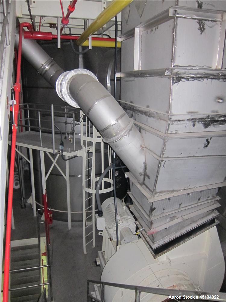 Used Niro Spray Tower Dryer. Originally designed for 12,500 pounds / hour of water evaporation. The dryer capacity was increased to 15,000 pounds / hour at 65,000 SCFM of air flow.  The Dryer is constructed of 316 L Stainless Steel. The dryer is a Standard Tall Form Dryer equipped with an integral static Fluid Bed Dryer and external Vibratory Fluid Bed Cooler. Both beds have heaters and the VFB also had a Cooler. The Dryer was equipped with fines return and agglomeration capabilities as an opti