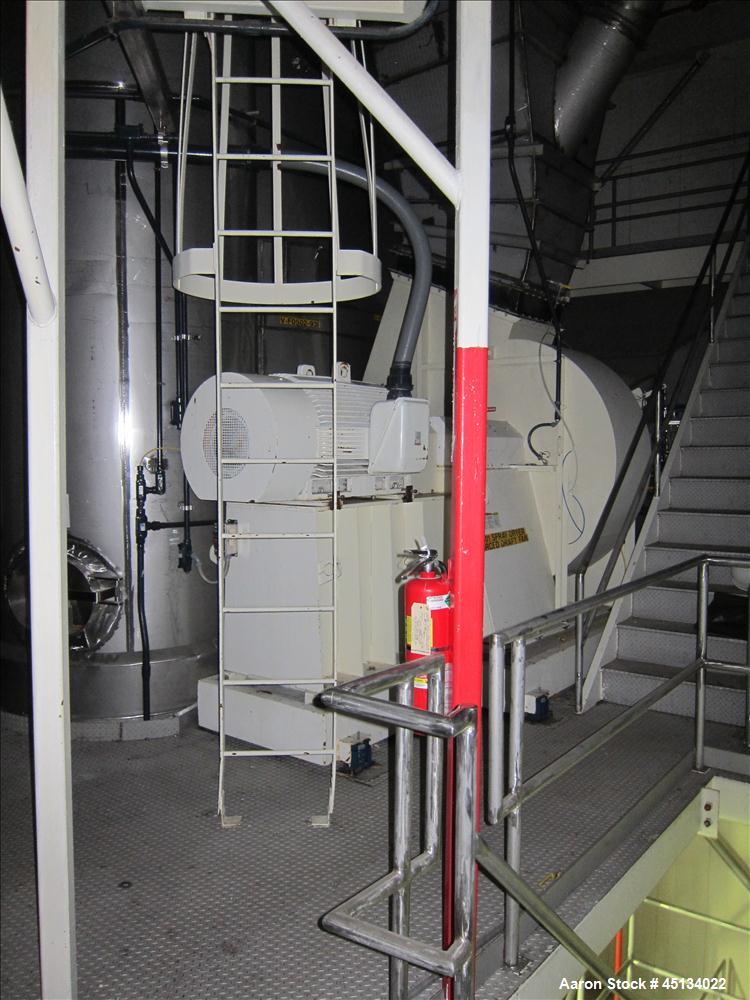 Used Niro Spray Tower Dryer. Originally designed for 12,500 pounds / hour of water evaporation. The dryer capacity was increased to 15,000 pounds / hour at 65,000 SCFM of air flow.  The Dryer is constructed of 316 L Stainless Steel. The dryer is a Standard Tall Form Dryer equipped with an integral static Fluid Bed Dryer and external Vibratory Fluid Bed Cooler. Both beds have heaters and the VFB also had a Cooler. The Dryer was equipped with fines return and agglomeration capabilities as an opti