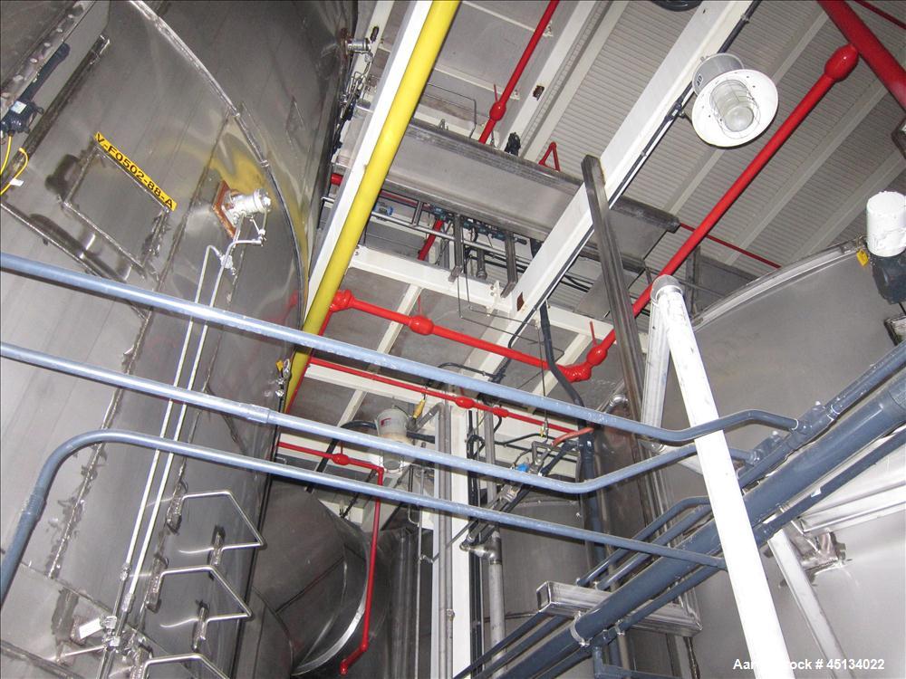Used Niro Spray Tower Dryer. Originally designed for 12,500 pounds / hour of water evaporation. The dryer capacity was increased to 15,000 pounds / hour at 65,000 SCFM of air flow.  The Dryer is constructed of 316 L Stainless Steel. The dryer is a Standard Tall Form Dryer equipped with an integral static Fluid Bed Dryer and external Vibratory Fluid Bed Cooler. Both beds have heaters and the VFB also had a Cooler. The Dryer was equipped with fines return and agglomeration capabilities as an opti