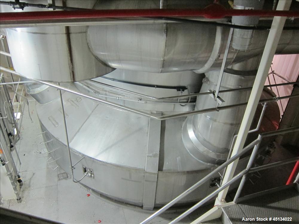 Used Niro Spray Tower Dryer. Originally designed for 12,500 pounds / hour of water evaporation. The dryer capacity was increased to 15,000 pounds / hour at 65,000 SCFM of air flow.  The Dryer is constructed of 316 L Stainless Steel. The dryer is a Standard Tall Form Dryer equipped with an integral static Fluid Bed Dryer and external Vibratory Fluid Bed Cooler. Both beds have heaters and the VFB also had a Cooler. The Dryer was equipped with fines return and agglomeration capabilities as an opti