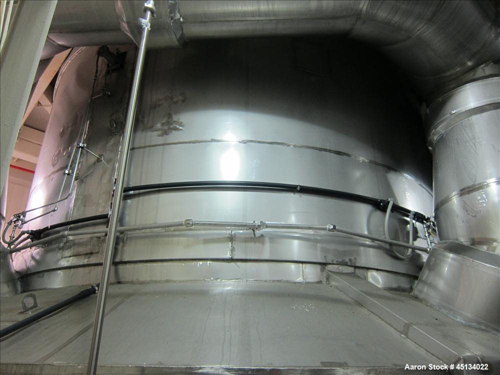 Used Niro Spray Tower Dryer. Originally designed for 12,500 pounds / hour of water evaporation. The dryer capacity was increased to 15,000 pounds / hour at 65,000 SCFM of air flow.  The Dryer is constructed of 316 L Stainless Steel. The dryer is a Standard Tall Form Dryer equipped with an integral static Fluid Bed Dryer and external Vibratory Fluid Bed Cooler. Both beds have heaters and the VFB also had a Cooler. The Dryer was equipped with fines return and agglomeration capabilities as an opti