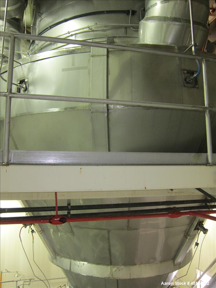Used Niro Spray Tower Dryer. Originally designed for 12,500 pounds / hour of water evaporation. The dryer capacity was increased to 15,000 pounds / hour at 65,000 SCFM of air flow.  The Dryer is constructed of 316 L Stainless Steel. The dryer is a Standard Tall Form Dryer equipped with an integral static Fluid Bed Dryer and external Vibratory Fluid Bed Cooler. Both beds have heaters and the VFB also had a Cooler. The Dryer was equipped with fines return and agglomeration capabilities as an opti