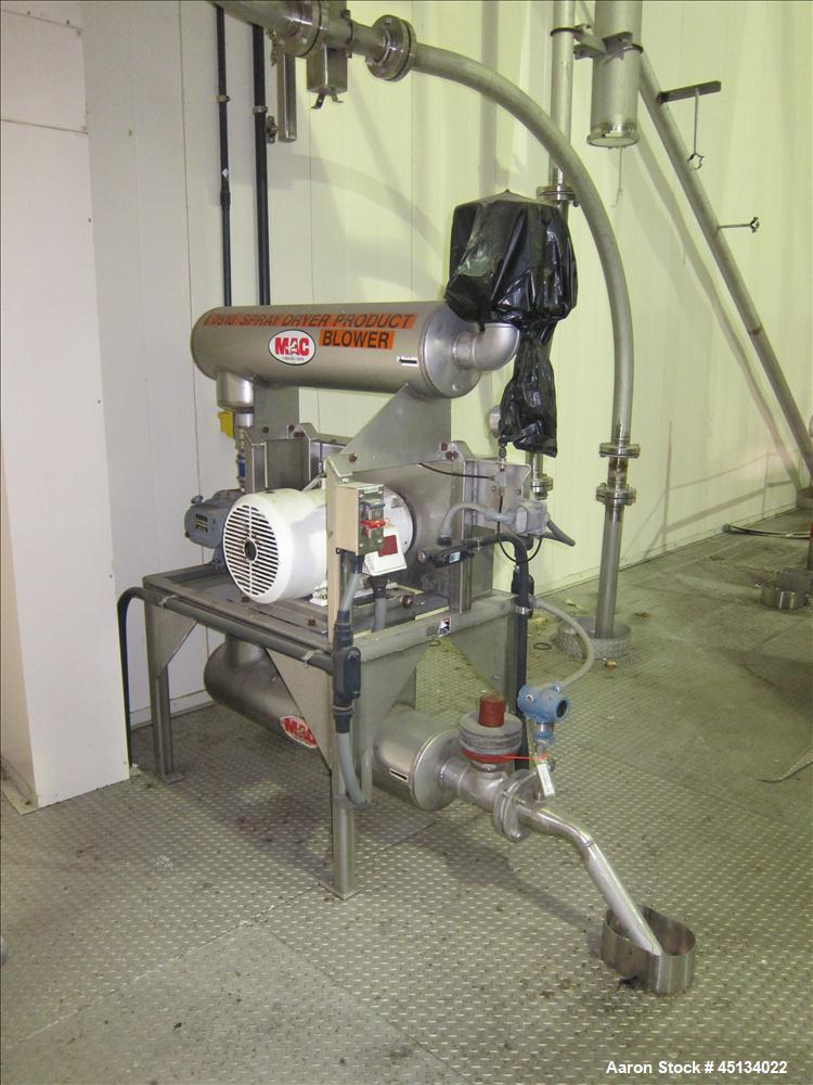 Used Niro Spray Tower Dryer. Originally designed for 12,500 pounds / hour of water evaporation. The dryer capacity was increased to 15,000 pounds / hour at 65,000 SCFM of air flow.  The Dryer is constructed of 316 L Stainless Steel. The dryer is a Standard Tall Form Dryer equipped with an integral static Fluid Bed Dryer and external Vibratory Fluid Bed Cooler. Both beds have heaters and the VFB also had a Cooler. The Dryer was equipped with fines return and agglomeration capabilities as an opti