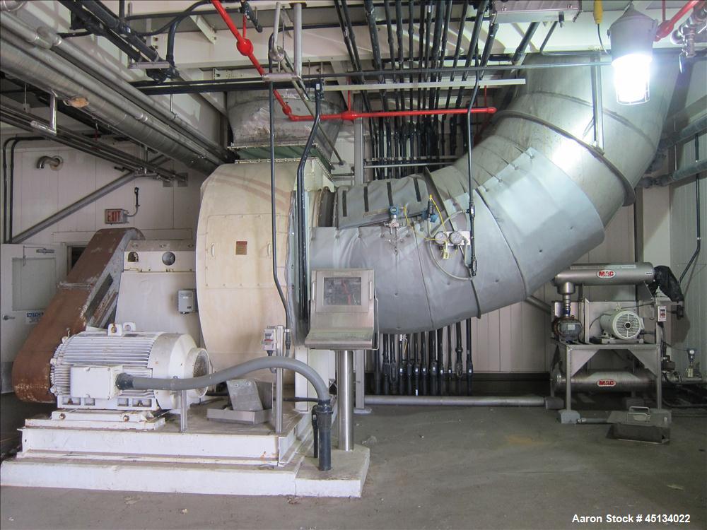 Used Niro Spray Tower Dryer. Originally designed for 12,500 pounds / hour of water evaporation. The dryer capacity was increased to 15,000 pounds / hour at 65,000 SCFM of air flow.  The Dryer is constructed of 316 L Stainless Steel. The dryer is a Standard Tall Form Dryer equipped with an integral static Fluid Bed Dryer and external Vibratory Fluid Bed Cooler. Both beds have heaters and the VFB also had a Cooler. The Dryer was equipped with fines return and agglomeration capabilities as an opti