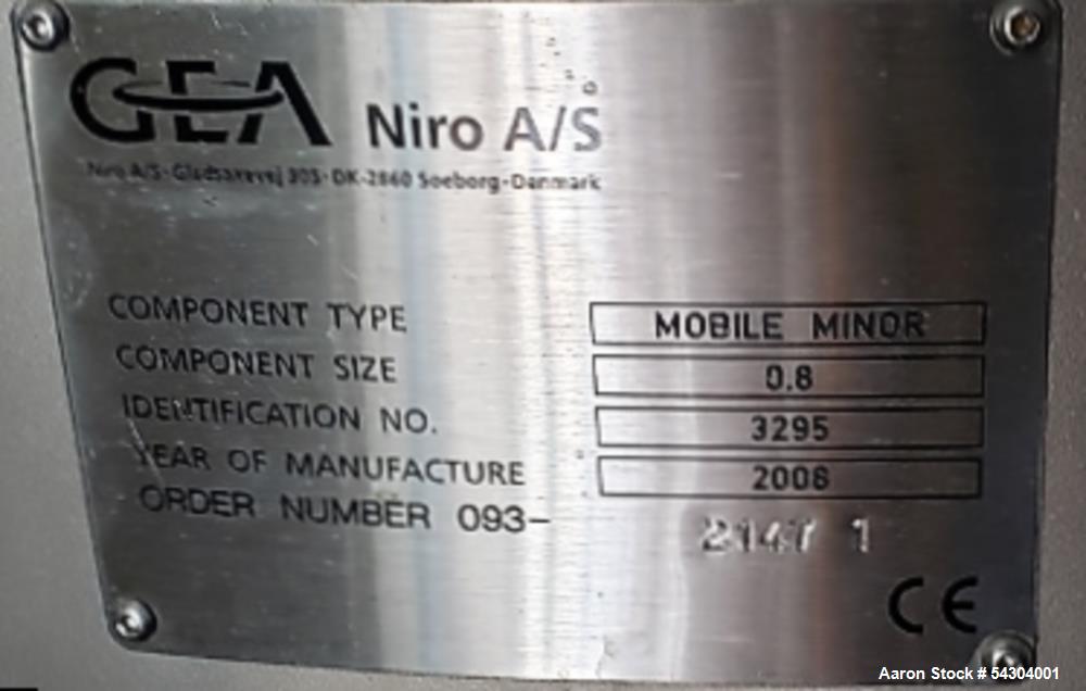 Used GEA Niro A/S Mobile Minor 316 Stainless Steel Spray Dryer. Componentsize 0.8, ID# 3295, Order# 093-2147-1, Year 2008. With 2 fluid bottomnozzle, cyclone, blower, ladder, filter & control panel
