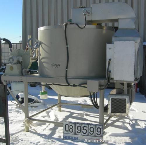 Used Ohkawara style Spray Dryer, 304 stainless steel. Electrically heated chamber 63" diameter x 33" straight side x 26" coned bottom, missing clamp-on bottom outlet section. Top mounted atomizer, no...