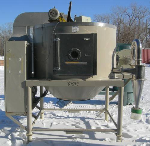 Used Ohkawara style Spray Dryer, 304 stainless steel. Electrically heated chamber 63" diameter x 33" straight side x 26" coned bottom, missing clamp-on bottom outlet section. Top mounted atomizer, no...