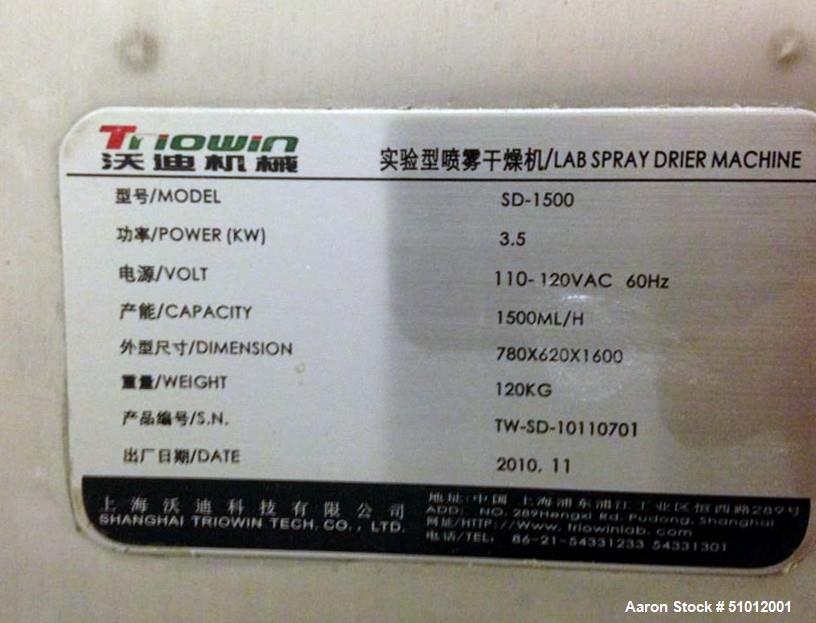 Used Triowin Lab Spray Dryer, Model SD-1500, 1500 ml per hour capacity