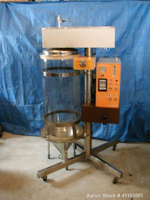 Used Yamato Laboratory Spray Dryer, Model DL-41. Glass drying chamber 45 cm diameter x 100 cm high, nozzle spray system, approximate 3 liter/hour water evaporation rate, temperature control 40 deg C ...