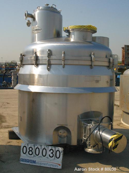 USED: Guedu pan dryer, Hastelloy C-22 contact areas. 1500 to 3000 liter working capacity, 4500 liter total. Vessel is 82" diameter x 64" straight side. Dished bolt-on top, flat bottom. Internal rated...