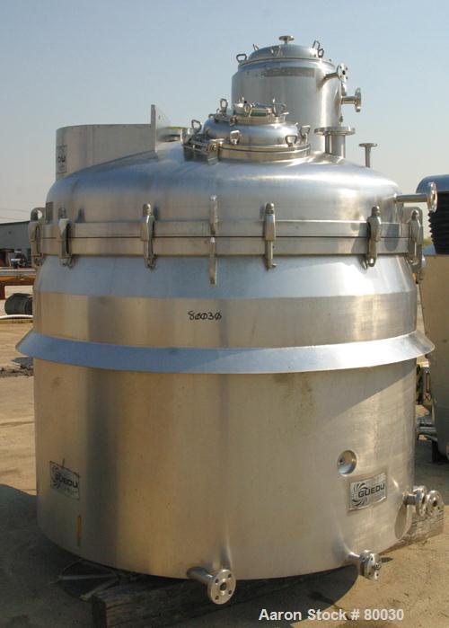 USED: Guedu pan dryer, Hastelloy C-22 contact areas. 1500 to 3000 liter working capacity, 4500 liter total. Vessel is 82" diameter x 64" straight side. Dished bolt-on top, flat bottom. Internal rated...