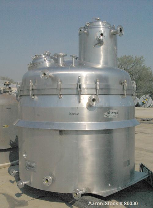 USED: Guedu pan dryer, Hastelloy C-22 contact areas. 1500 to 3000 liter working capacity, 4500 liter total. Vessel is 82" diameter x 64" straight side. Dished bolt-on top, flat bottom. Internal rated...