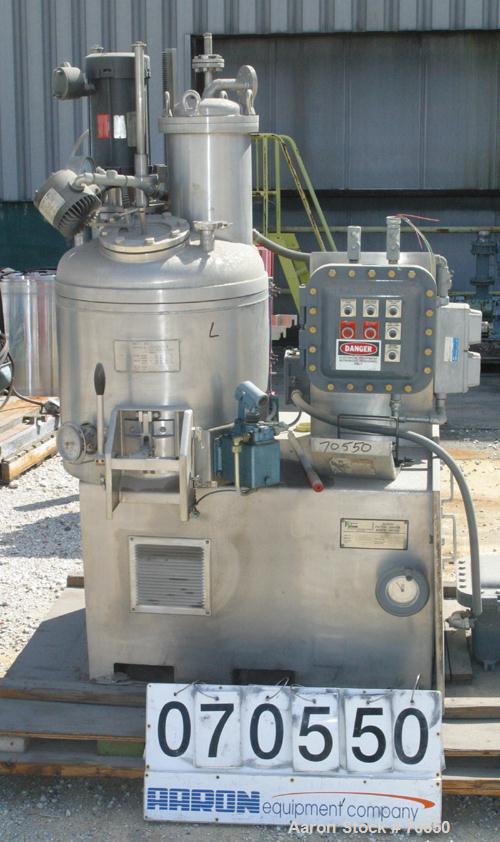 USED: Guedu pan dryer, model GD-100, 316L stainless steel product contact areas. Nominal capacity 104 liters (3.7 cu ft). Vessel 21-5/8" diameter x 18-1/2" deep, rated FV at 330 deg F, fully jacketed...